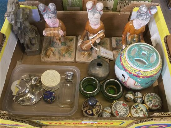 A small ivory box, silver rim salts, Halcyon Days enamel boxes, Chinese glazed figures and other ornaments